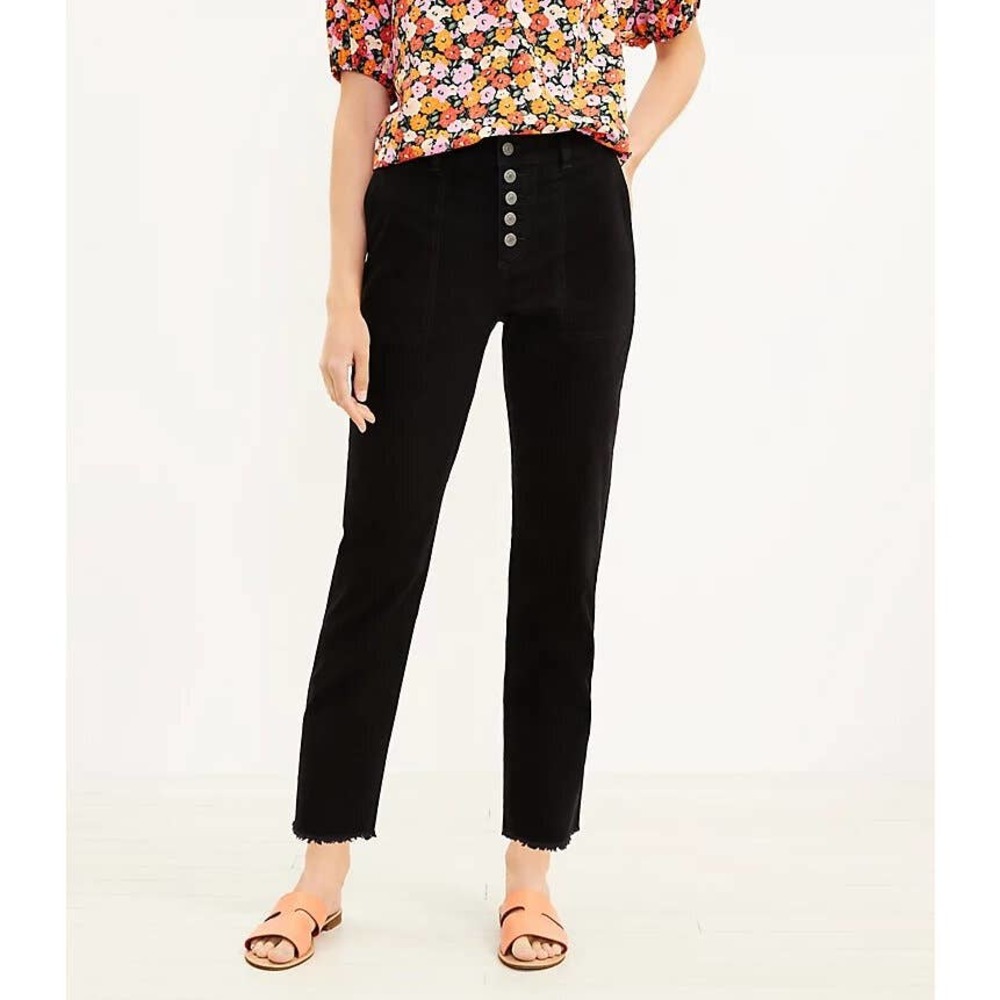 [LOFT] Black Monroe Slim Fit Chino Utility Pants Stretch Raw Hem Button Fly NWT